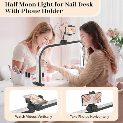 LIONVISON Half Moon Light for Nail Desk: 29" Arch Light for Nail Tech Lamp with Phone Holder - 3 Color Modes & 10 Brightness - 40W Foldable LED Nail Desk Lamp for Manicure, Craft(Crystal Diamond)