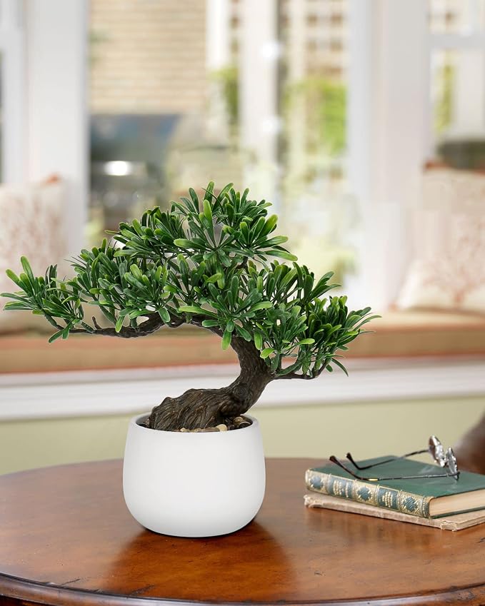 Fake Bonsai Tree Zen Juniper Bonsai Plant 10” Tall Artificial Bonsai Trees with White Ceramic Pot Decorated with Pebbles Desk Plant Indoor Bonsai for Home Office Decor
