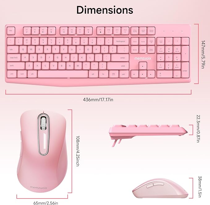 memzuoix Wireless Keyboard and Mouse Combo, 2.4G Full-Size Ergonomic Set with 1400 DPI Mouse, Lag-Free USB Receiver, 6-Month Battery Life for PC/Laptop/Windows/Mac (Pink)