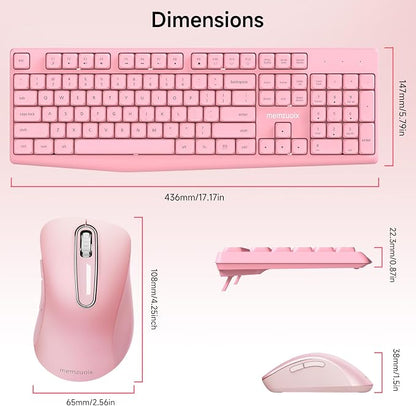 memzuoix Wireless Keyboard and Mouse Combo, 2.4G Full-Size Ergonomic Set with 1400 DPI Mouse, Lag-Free USB Receiver, 6-Month Battery Life for PC/Laptop/Windows/Mac (Pink)