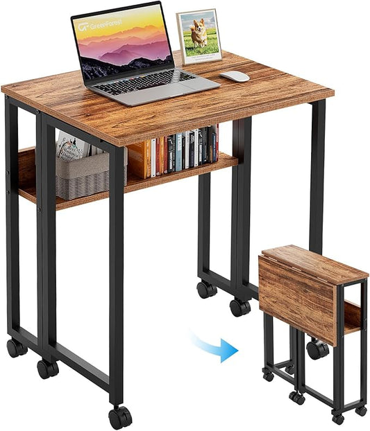 GreenForest Folding Desk with Wheels, 24.8 Inch Compact Rolling Computer Table with Storage Shelf, Portable Mobile Workstation for Small Spaces, Easy Assembly,Walnut