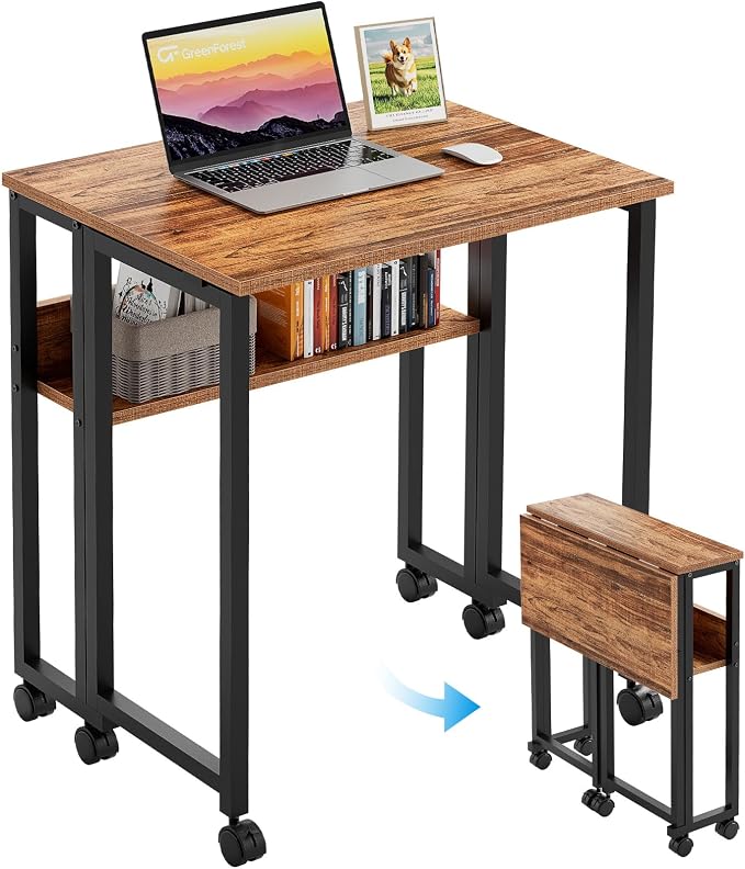 GreenForest Folding Desk with Wheels, 31.5 Inch Compact Rolling Computer Table with Storage Shelf, Portable Mobile Workstation for Small Spaces, Easy Assembly, Walnut