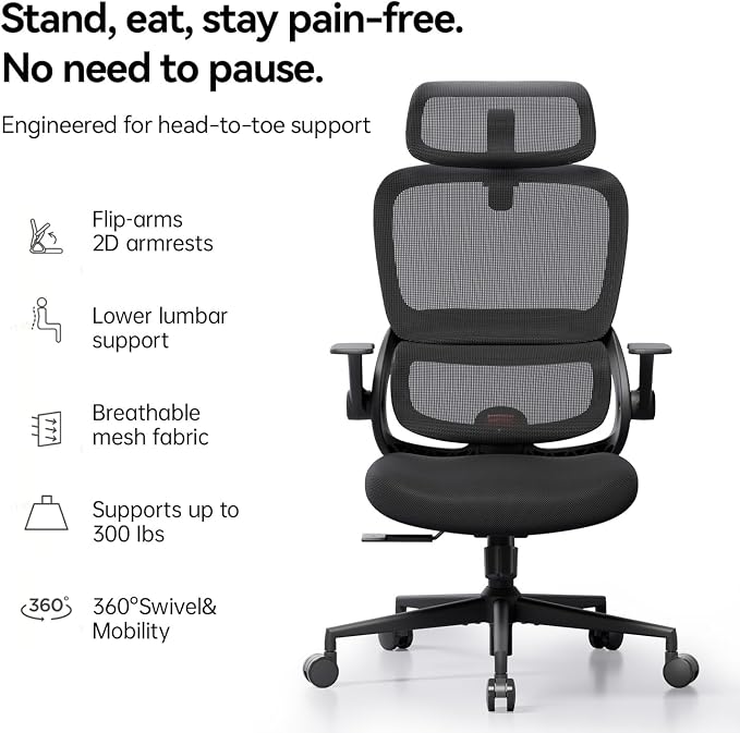 SIHOO B100 SE Office Chair, Soft Memory Foam Desk Chair with Adaptive Lumbar Support & 2D Flip-up Armrests, 135° tilt Computer Chair for Home Office, Black