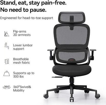 SIHOO B100 SE Office Chair, Desk Chair with Adaptive Lumbar Support & 2D Flip-up Armrests, 135° tilt Soft Memory Foam Erogonomic Chair for Home Office,Hold 300 LBS-Jet Black