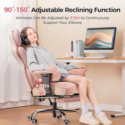 GTPLAYER Big and Tall Gaming Chair 400lbs Heavy Duty Office Chair with Foot Rest & Ergonomic Pocket Spring Lumbar Support, High Back 3D Saddle Shaped Cushion for Back Pain Relief, Pink