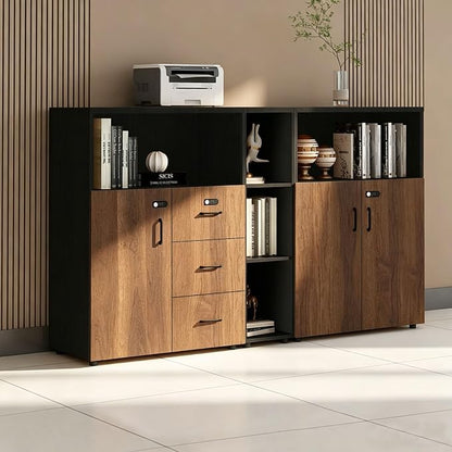 File Cabinet with Password Lock, Wood Lateral Filing Cabinet for Letter/A4 Files, 3 Drawer with Door, Printer Stand with Open Shelves for Home Office