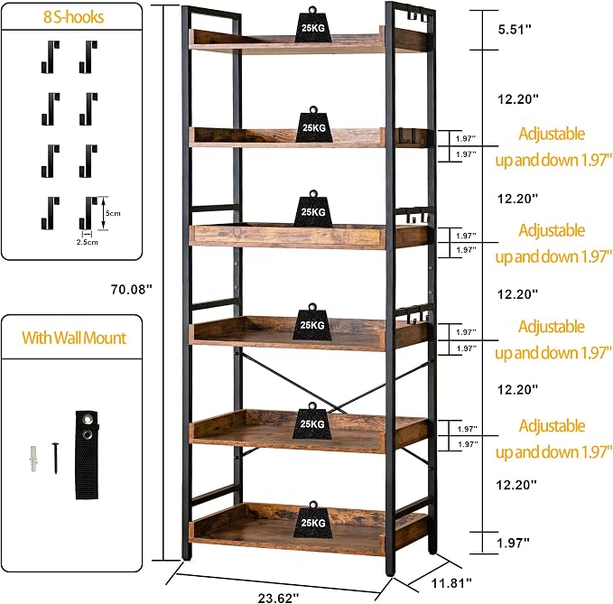 HCHQHS Adjustable 6 Tier Open Bookcase, Rustic Farmhouse Book Shelves, Industrial Wood and Black Metal Bookshelves, Mid Century Bookcase for Home Office Living Room Bedroom