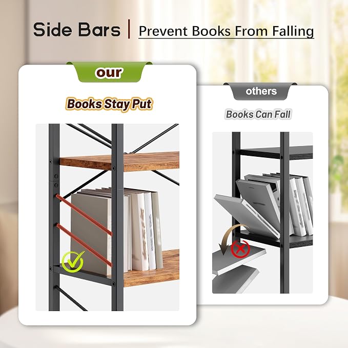 DurayLoly 5 Tier Bookshelf for Narrow Space, Rustic Brown | Small Storage Shelves, Sidebars and Metal Frame