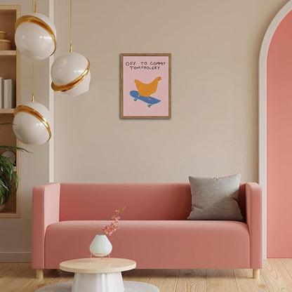 Framed Off to Commit Tomfoolery Wall Art, Vintage Fun Chicken Canvas Print, Whimsical Chicken on Skateboard Picture Wall Decor, Humorous Animal Painting for Living Room Bedroom 12x16 inch