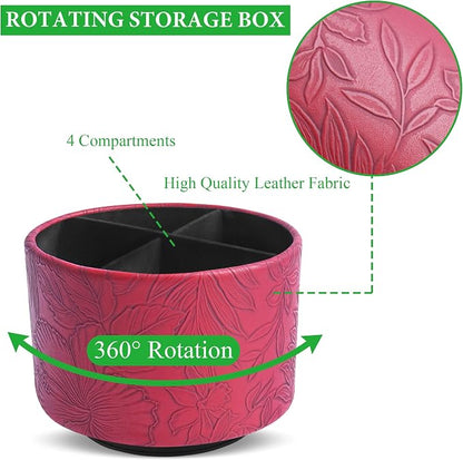 Round Leather Art Supply Organizer,Remote Control Holder,360 Degree Spinning,Multi-Functional Pencil Holder,4 Compartments Desktop Stationary Organizer(1-Carved Red)