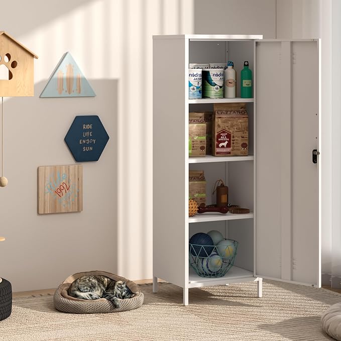 Steehoom Metal Locker Cabinet with Lock, Lockable Steel File Locker with Door and 3 Adjustable Narrow Storage Cabinet Shelves for Living Room, School, Pantry, Garage, Office (White, H59.06'')