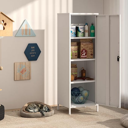Steehoom Metal Locker Cabinet with Lock, Lockable Steel File Locker with Door and 3 Adjustable Narrow Storage Cabinet Shelves for Living Room, School, Pantry, Garage, Office (White, H59.06'')