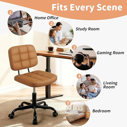 Armless Home Office Desk Chair - Small Swivel Office Desk Chairs with Rolling Wheels - Height Adjustable PU Leather Computer Chair with Comfy Low Back - For Small Space, Bedroom, Home, Vanity- Brown