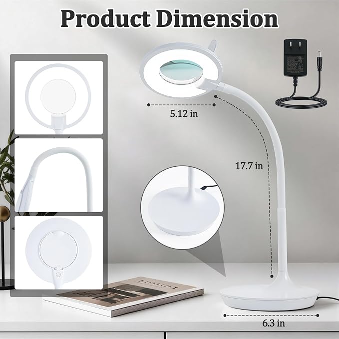 Magnifier Desk Lamp, Flexible Gooseneck, 2-in-1 Magnifying Glass 3X+6X Led Work Light for Elderly Reading, 3 Dimmable Office Magnifying Lamp, Hands Free Mag Desk Lamp for Crafts Sewing Needlepoint