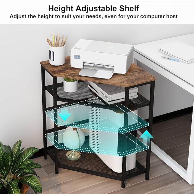 VEDECASA Corner Printer Stand Table with Power Outlet Charging Plugs USB Port Adjustable Storage Shelf Computer Tower CPU Stand Holder for Home Office (Brown)