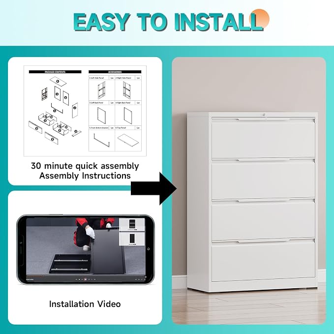 4 Drawer Lateral File Cabinet with Lock, Heavy-Duty Metal Filing Cabinet for Home Office, Steel Storage Compatible with Hanging Files Letter/Legal/F4/A4 Sizes (4 Drawer, White)