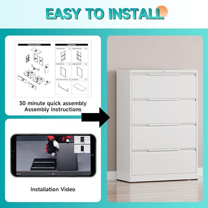 4 Drawer Lateral File Cabinet with Lock, Heavy-Duty Metal Filing Cabinet for Home Office, Steel Storage Compatible with Hanging Files Letter/Legal/F4/A4 Sizes (4 Drawer, White)