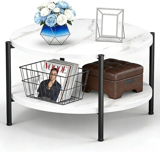FAMIDGE Round Coffee Table, 27.6" Circle Coffee Table for Living Room, 2-Tier Wood Accent Center Table with Open Storage Industrial Design Home Furniture, White
