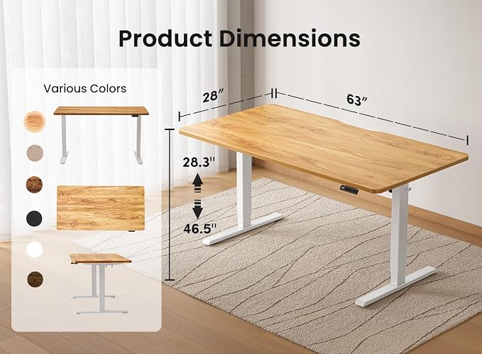 BANTI 63 × 28 Inches Standing Desk, Ergonomic, Electric Height Adjustable, Sit and Stand Up, Computer Office Desk with Splice Board, White Frame/Light Rustic Top