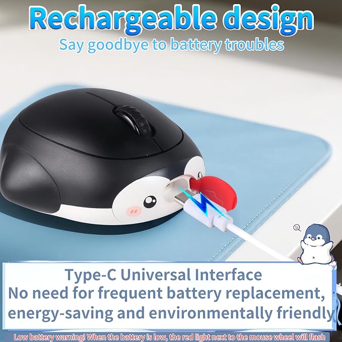 Cute Penguin Bluetooth Wireless Mouse -Rechargeable,Dual Mode Connection, Silent Scroll Wheel, 1600 DPI - Perfect for Laptops, PCs, and Tablets (Black)