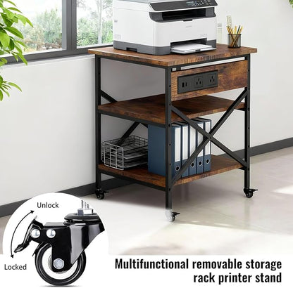 Rustic Brown 3 Tier Large Mobile Printer Stand | Built in power outlet adjustable storage shelves industrial rolling casters size 23.6 x 23.6x 30 inches home office storage