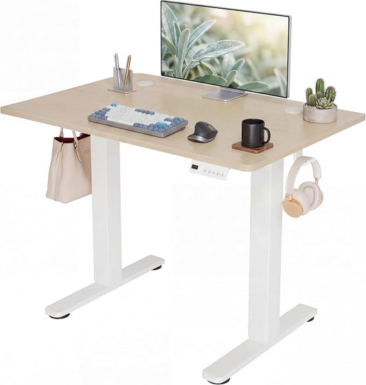 Claiks Electric Standing Desk, 35 x 20 Inch Small Height Adjustable Sit Stand Desk for Home Office, Computer Desk with Memory Presets, Cable Management & Headphone Hooks, 156 lbs Capacity, Nature