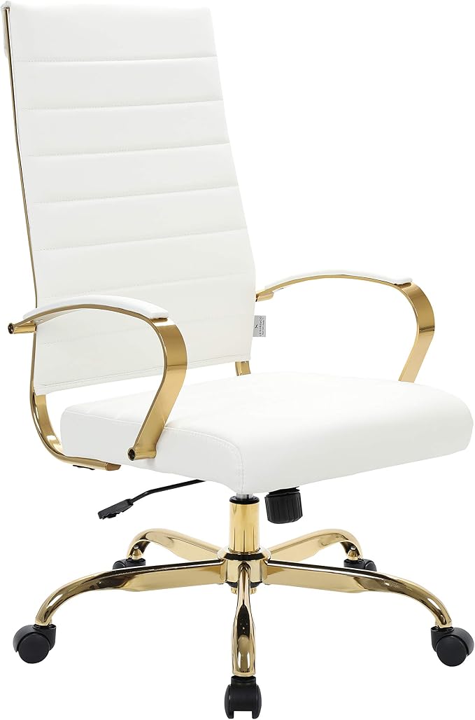 LeisureMod Modern High-Back Leather Office Chair - Swivel & Adjustable Executive Desk Chair with Gold Frame, Ergonomic Design for Home & Office (White, Set of 8)