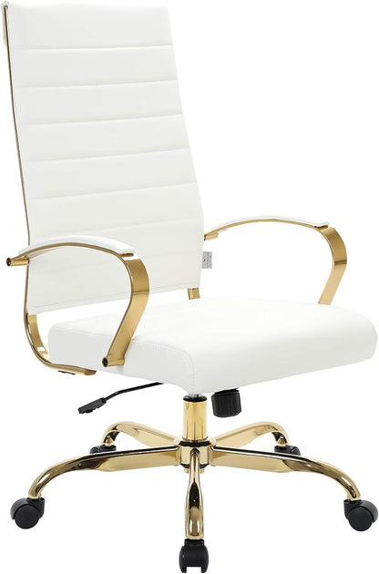 LeisureMod Modern High-Back Leather Office Chair - Swivel & Adjustable Executive Desk Chair with Gold Frame, Ergonomic Design for Home & Office (White, Set of 8)
