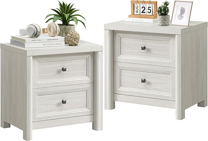 Farmhouse White Night Stands Set of 2, Bedside Tables Nightstands with 2 Drawers Storage, 22.8" Large Rustic Wood Night Stand, Bed Side Table for Bedroom Living Room Sofa Couch Office
