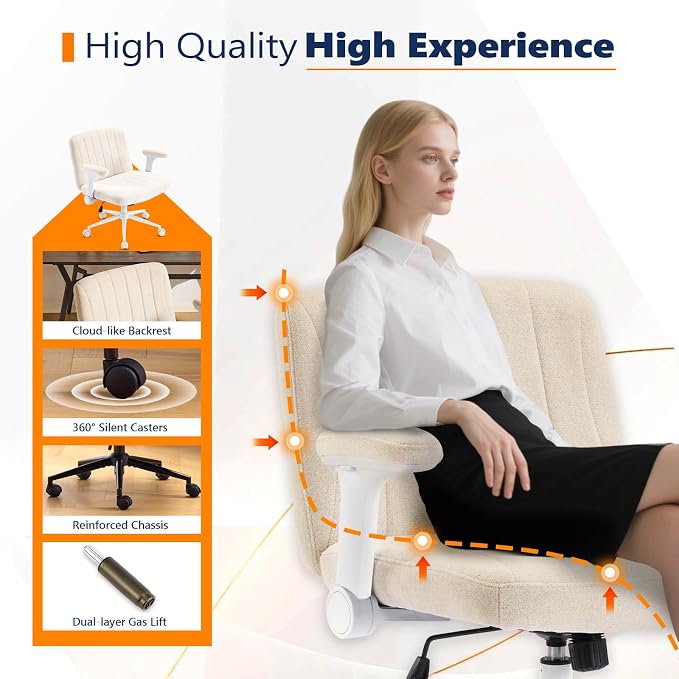 VINGLI Criss Cross Chair with Adjustable Flip-Up Arms,Cross Legged Chair with Wheels, Extra Wide Office Chair,Cozy Desk Chair for Home Office, Vanity, Apartment,Chenille Velvet,Beige