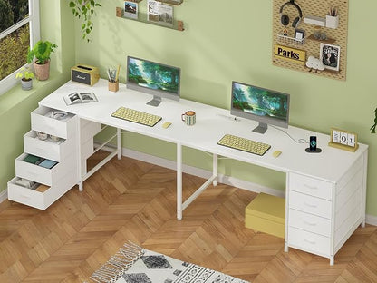 YOMILUVE 95'' Two Person Desk with 8 Drawers, Long Computer Desk with Charging Station, 2 Person Desks Double Desk Writing Study Table for Home Office, White