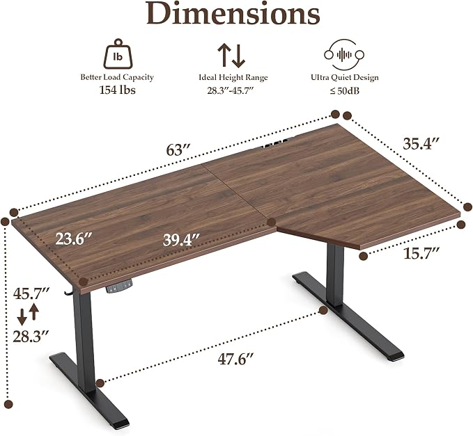 Klicelor L Shaped Standing Desk 63 x 35.4 Inch, Electric Height Adjustable Corner Desk for Home Office Workstation, Ergonomic Sit Stand Computer Table with Memory Controller, Dark Walnut
