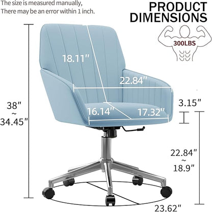 YISHENG Velvet Office Desk Chair with Silver Base, with Wheels,Modern Height Adjustable 360 Degree Swivel Upholstered Vanity Chairs with Arms for Living Room Bedroom,Light Blue