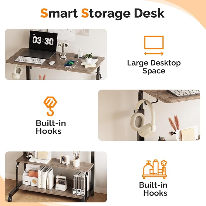 VINGLI 31.5" Mobile Small Standing Desk, Adjustable Height Mobile Computer Desk, w/2 AC Outlets + 3 USB Ports & Hooks, Storage Shelves, Suitable for Gaming, Studying, Home Office, Gray