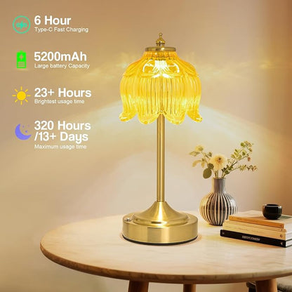 Cordless Lotus Flower Table Lamp, 5200mAh Rechargeable Battery Operated Portable Lamp, 3-Color Dimmable Touch Control Small Desk Lamp for Bedroom, Office, Kitchen, Nightstand,Room Decor (Yellow)