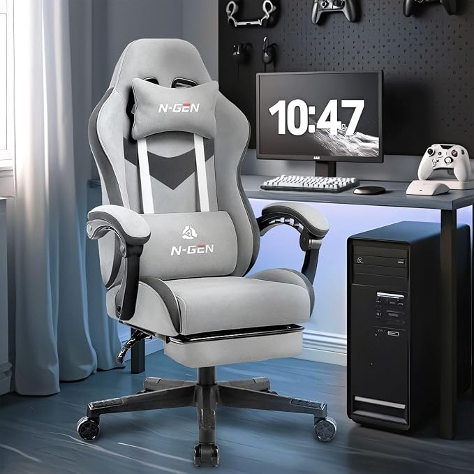 N-GEN GAMING Video Gaming Chair with Footrest Lumbar Support for Home Office High Back Recliner Height Adjustable Ergonomic Comfy Fabric Computer Desk Chair (Grey)