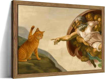 Framed Vintage Cat Canvas Wall Art, Funny Orange Cat Parody Classic Masterpiece Prints, Renaissance-Inspired Animal Artwork, Humorous Wall Decor for Living Room Bedroom Playroom – 12x16 inch