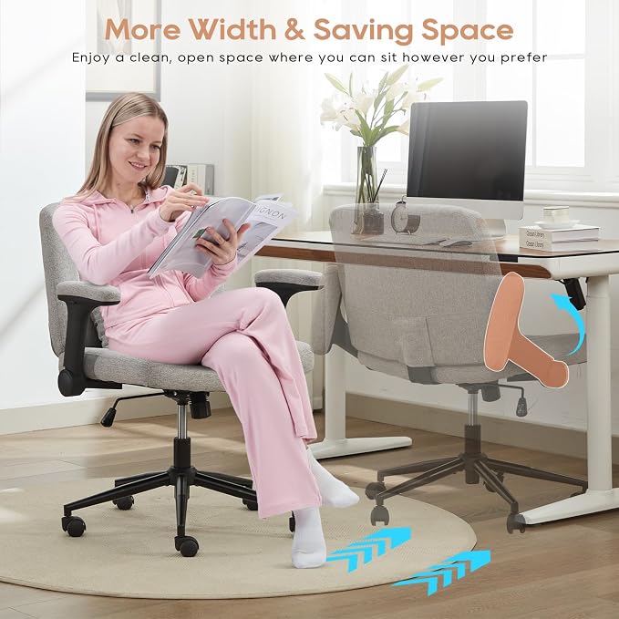 IPKIG Criss Cross Chair with Adjustable Flip-up Arms, Vanity Chair with Wheels, Comfy Desk Chair with Lumbar Pillow Swivel Wide Office Chair for Home Office, Bedroom (Linen, Grey)