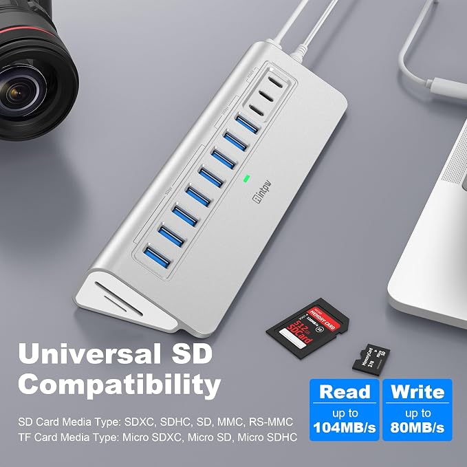 Powered USB Hub 10Gbps, intpw YH9AC Plus 13 Port USB 3.2 Hub(USB A/USB C 3.2+6 USB-A 3.0+2 PD 45W Fast Charging Ports+SD/TF Card Reader), 65W Power Adapter,Aluminum USB HUB for PC,Laptop,iPhone 17/16