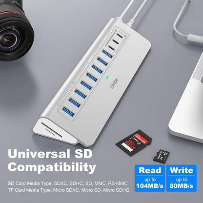 Powered USB Hub 10Gbps, intpw YH9AC Plus 13 Port USB 3.2 Hub(USB A/USB C 3.2+6 USB-A 3.0+2 PD 45W Fast Charging Ports+SD/TF Card Reader), 65W Power Adapter,Aluminum USB HUB for PC,Laptop,iPhone 17/16