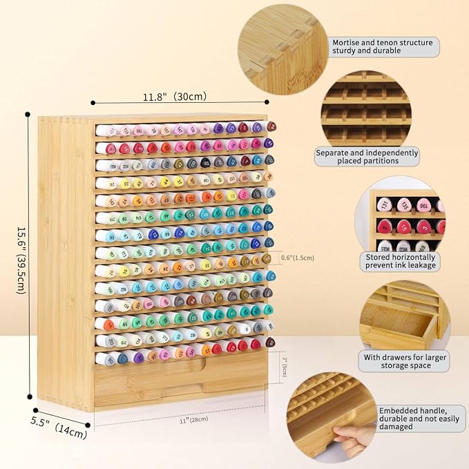 AUTOARK Natural Bamboo Marker Organizer with Drawer, AHK-065 | 182 Slots