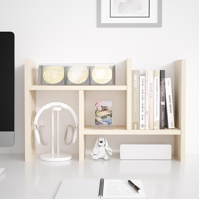 Jerry & Maggie Desktop Organizer Office Storage Rack Adjustable Wood Display Shelf Free Style Double H, Multi-Functional Mini Bookshelf for Desk Natural Stand (White Wood Tone/2 Pack)