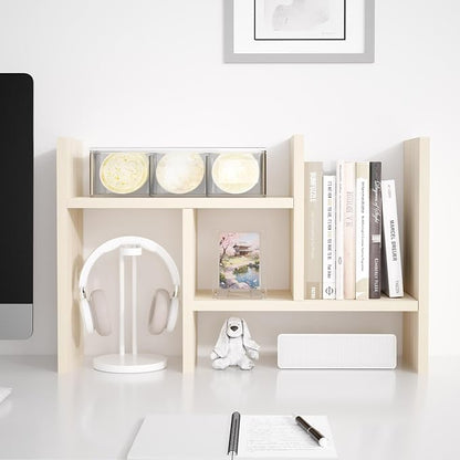 Jerry & Maggie Desktop Organizer Office Storage Rack Adjustable Wood Display Shelf Free Style Double H, Multi-Functional Mini Bookshelf for Desk Natural Stand (White Wood Tone)
