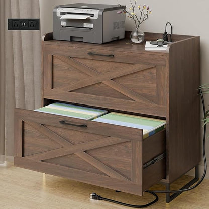Vabches Lateral File Cabinet 2 Drawer File Cabinet with Charging Station, Modern Farmhouse Large Wood File Storage Cabinet for Home Office Furniture(Dark Walnut)