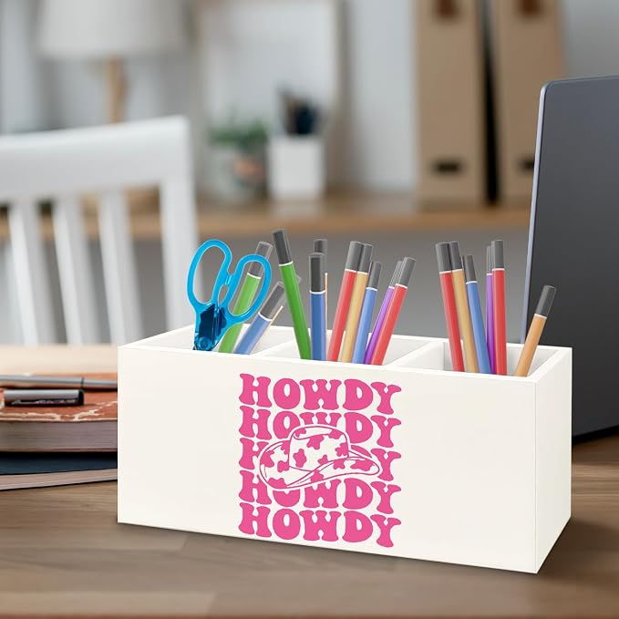 Hot Pink Western Howdy Wooden Pen Pencil Holder for Office Desk Accessories, Western Cowgirl Gifts for Women Makeup Brush Toothbrush Holder Organizer for Bathroom