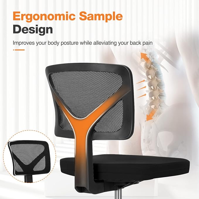Sweetcrispy Ergonomic Low-Back Mesh Small Office Chair, Rolling Work Swivel Chairs with Wheels, Armless Comfortable Seat Lumbar Support for Home, Bedroom, Study, Student, Adults, New Black