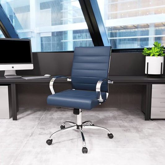 LeisureMod Benmar Leather Office Desk Chair, Mid-Back Ergonomic Swivel Chair with Lumbar Support, Adjustable Height, Tilt Lock, Cushioned Seat & Back, Home Office Task Chair (Navy Blue, Single)