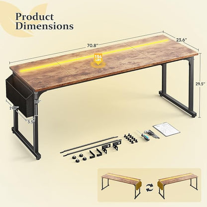 DurayLoly 63" Home Office Desk with LED Lights,Computer Desk for 2 Monitors or 2 laptops,Spacious Under-Desktop for Study Writing Work Gaming Desk,Sturdy Metal Frame,Bedroom,Rustic Brown