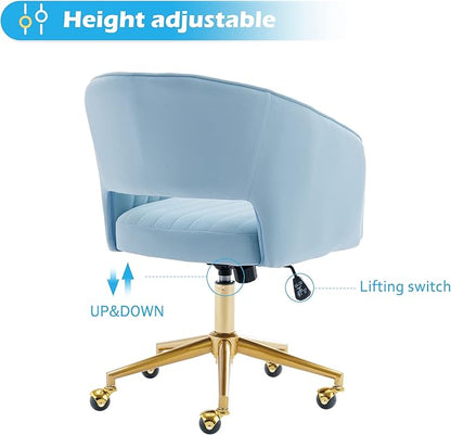KCC Home Office Chair Swivel Desk Chair Accent Armchair Upholstered Modern Tufted Chairs with Gold Base for Girls Women Ergonomic Study Seat Computer Task Stools, with Wheels, Velvet(Blue)