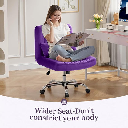 Criss Cross Chair with Wheels, Velvet Cross Legged Office Chair, Comfy Desk Chair for Home Office, Ergonomic Computer Chair, Wide Seat Vanity Chair, Birthday Gift for Women, Velvet Plum Purple